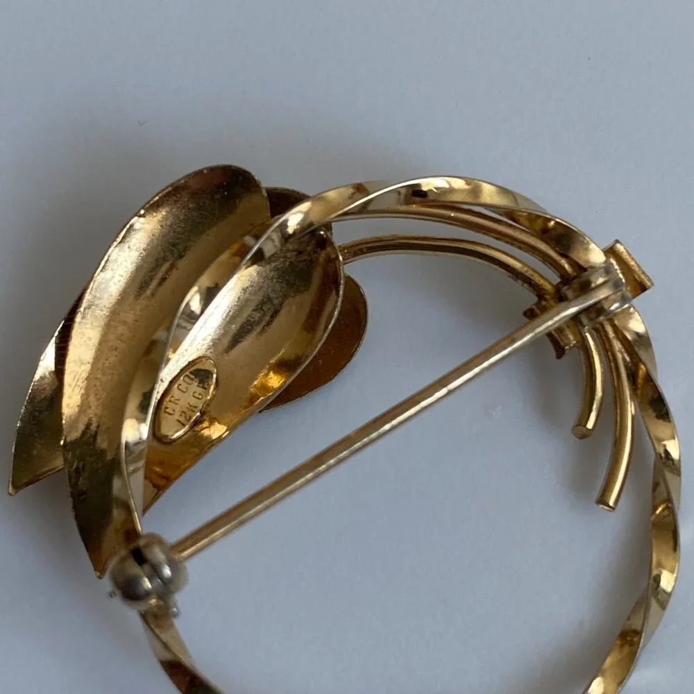 Estate Vintage GOLD FILLED Signed CR CO Charles Reis 12K GF Brooch‎ Wreath Leaf